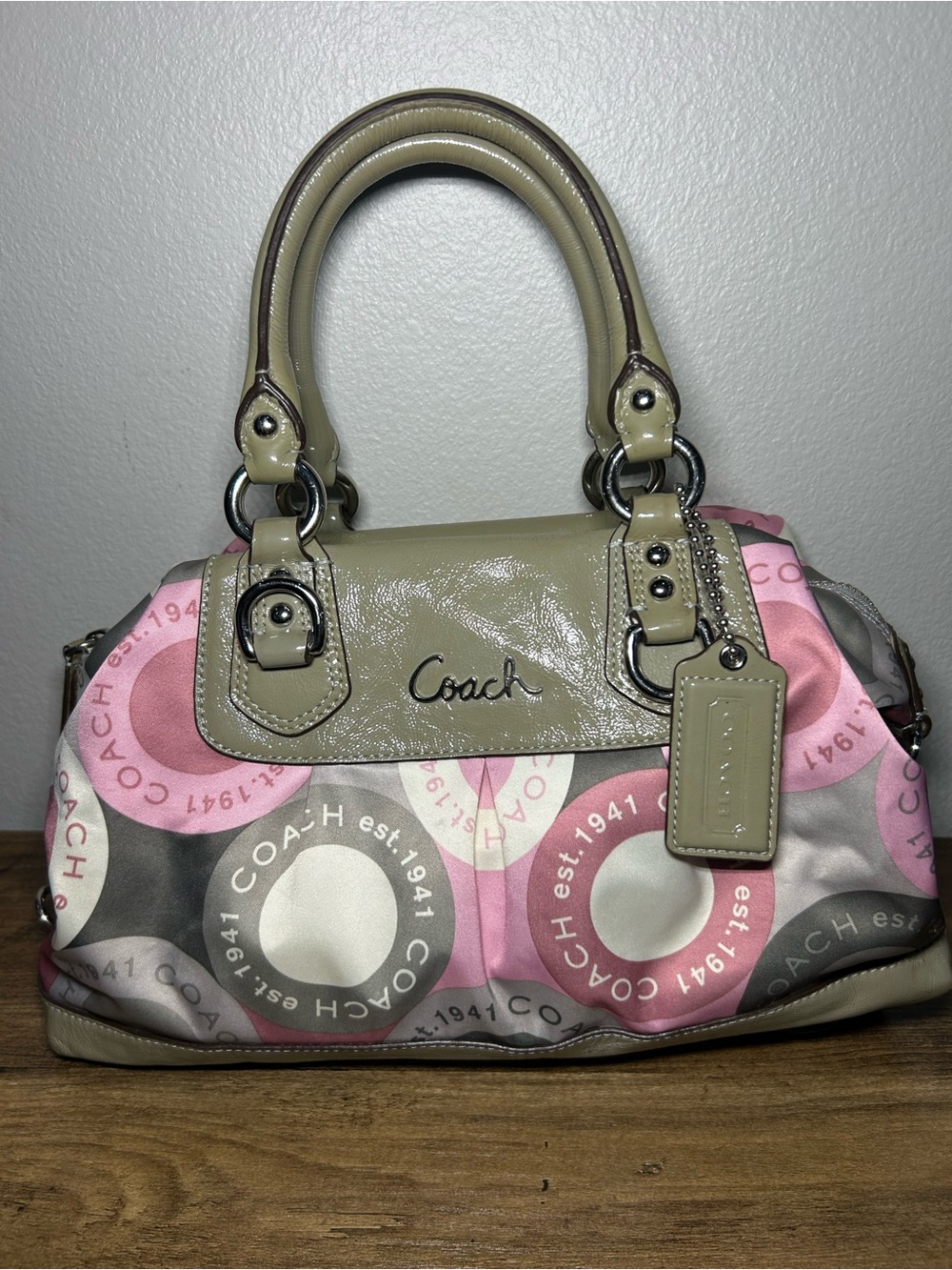 Coach Pink and Taupe Signature Circle Satchel with Leather Trim